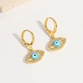 Golden huggie hoop earrings with blue devil eye charms and tiny white crystals - Blue (ES2643)