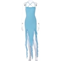 Abito aderente celeste con scollo all'americana e orlo asimmetrico a balze per feste - S / Azzurro