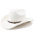 Detailed close-up of white suede cowboy hat featuring brown braided band and bull buckle - M(56-58cm) / Cream