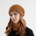 Ginger yellow knitted beanie and scarf set with fleece lining for winter outdoor sport - Caramel