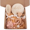 Pink baby gift set with wooden brush, pacifier clip, and heart teether in a craft box - Light Pink 5-Piece Set