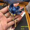 Detailed size view of the 50mm by 82mm blue enamel magnolia flower brooch with dimensions - Dark Blue