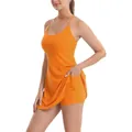 Detail of sports dress featuring built-in shorts with functional side pocket in orange - S / Dresses / Orange