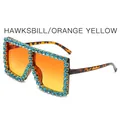 Tortoiseshell square oversized sunglasses with orange gradient lenses and blue rhinestones - Tortoise Frame Orange Yellow Gradient