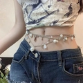 Y2K layered pearl waist chain featuring small metal discs and teardrop pendant - Irregular Pearl K0147