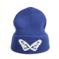 Detail of navy blue ribbed knit beanie featuring a white jacquard butterfly on the cuff - One Size (Elastic) / Royal Blue