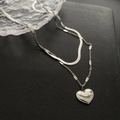 Silver double-layer titanium steel necklace with textured heart pendant and Love You engraving - Love You Engraved Heart (828) / Silver