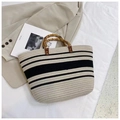 Large woven tote bag with black stripes and natural bamboo handles for daily commuting - Black & White Stripes