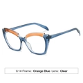 Cat eye sunglasses with clear blue frames and orange color block accents, model C14 - C14 Orange Blue Frame Clear Lens
