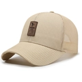Beige mesh baseball cap with brown leather patch and breathable outdoor design - One Size(Adjustable) / Khaki