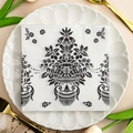 Square paper napkin with black floral print on a white plate with gold cutlery decor - Black Classical Floral (1015)