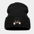 Close-up of the cute puppy embroidery on a thick black knitted beanie for winter - Dachshund - Black