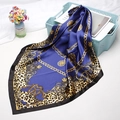 Detail of blue satin silk square scarf with golden leopard print and baroque chains - 90x90cm / Black Navy Blue