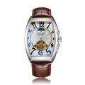 Silver tonneau mechanical watch with brown crocodile leather strap and blue numerals - Brown Strap Silver Case White Face