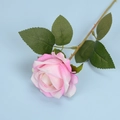 Pink and white gradient velvet artificial rose with green leaves on light blue background - Light Pink