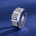 Silver luxury men's ring with a round center stone and pave-set accents on a blue base - Eight Hearts And Eight Arrows [1 Carat] Ljz-129 / Adjustable Open