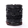 Detailed view of multilayer leather bracelets with feather pendant and woven patterns - Black Brown With Feather Pendant