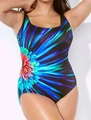 Detail of plus size one-piece swimsuit featuring a vibrant floral starburst print - L / Blue Floral