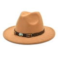 Detail of camel wool fedora with brown leather band, wooden beads and turquoise stone - M (56-58cm) / Camel