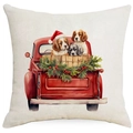 Federa natalizia con camion rosso vintage e simpatici cani con stampa festiva delle vacanze - Stile Cane da Camion 4 / 45*45cm Lino monofacciale