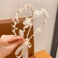 Handmade white lace flower headband with pearls and flowing ribbon for girls - 2-Pack Apricot Rain & Ethereal Flower