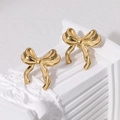 Elegant 18K gold plated stainless steel bow stud earrings on a white decorative stand - Gold