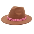 Deep brown fedora hat with a decorative pink acrylic chain band on a white background - Khaki