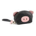 Monedero de cuero negro con forma de cerdito con orejas rosas y cremallera metálica - Negro