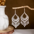 Bohemian silver drop earrings with hollow teardrop design and tassel detail on wood branch - Silver Retro Drop Tassel(E2875-15)