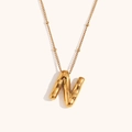 Polished 18K gold plated necklace featuring a 3D bubble style letter N pendant for women - Gold-N