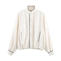Women's cream tweed jacket with black piping and standing collar in a relaxed fit - XS / Milky White