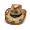 Western style straw cowboy hat with hollow patterns and turquoise stone embellishment - One Size(55-60cm) / Light Color