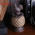 Vintage cast iron rooster twine holder with scissors and natural jute rope stand - Rooster B34-151108