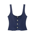 Nauwsluitend marineblauw vest met gouden knopen en kepertextuur op witte basis - XS / Tops