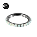Solid G23 titanium segment ring with white opal inlay for nose or ear piercings - 1.2x6mm / OP17 Side Surface