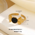 18K gold plated stainless steel ring with black enamel disc and floral accents - Black Disc Sun Flower (853G-6)