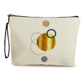 Geometric abstract cosmetic bag in beige canvas with blue and gold circles and wristlet - Abstract Circles (Style 5)