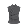 Dark grey sleeveless top with stand collar and waist pleats on plain white background - XS / Gray