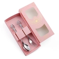 Silver embossed stainless steel dessert spoon and fork set in a pink gift box - 2-Piece Set Pink Box / Silver