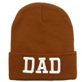 Caramel brown knit beanie with white DAD embroidery in a stylish winter cuffed design - DAD / Caramel color