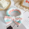 Pink and blue striped plush headband with large bow for skincare and washing face - Green & White Stripes