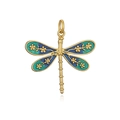 Macro detail of golden dragonfly pendant with green and blue enamel wings and flower motif - Peacock Green Dragonfly Pendant