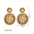 Detail of round leopard print earrings in gold with rhinestones, size 5.4cm by 3.9cm - Leopard Rhinestone Round (E965)
