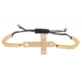 Adjustable black woven bracelet featuring a gold cross pendant with cubic zirconia inlay - Clear White Zirconia Cross Style (CN001791YH)