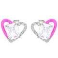 Pink heart stud earrings with silver-toned finish and sparkling cubic zirconia stones - Silver Rose Red