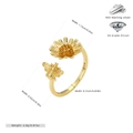 Macro detail of S925 silver bee and sunflower ring with yellow zircon and dimensions - Adjustable Open / 925 Sterling Silver Gold Plated