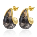 Detail view of gold-tone stainless steel stud earrings with black marbled resin waterdrop - Style 2 Black