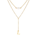 Gold stainless steel double layer Y necklace with white pearl and letter L pendant - Letter L Style (NC-1930G-L)