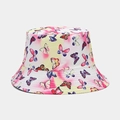 Detail van de kleurrijke vlinderprint op de geel-roze tie-dye zonnehoed bucket hat - Eén maat / Geel Roze Tie-Dye Vlinderprint