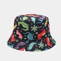 Detailed view of dark blue bucket hat with colorful cartoon dinosaur prints and fine stitching - M (56-58cm) / Deep Blue Full Print Colorful Dinosaur